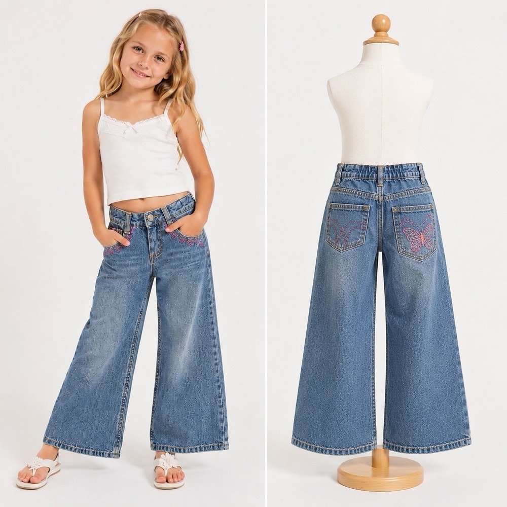 Vintage Y2K Girls Size 4 Squeeze Flare Jeans Embroidered Butterfly Sequins Boho